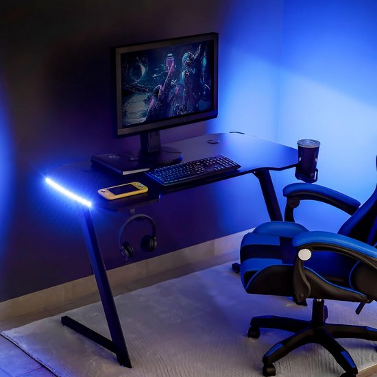 Baroni Home Ergonomisch gamingbureau met standaard en hoofdtelefoonhaak en bekerhouder, speeltafel van MDF en staal, met kleurrijke leds, 120 x 60 cm — afbeelding 3