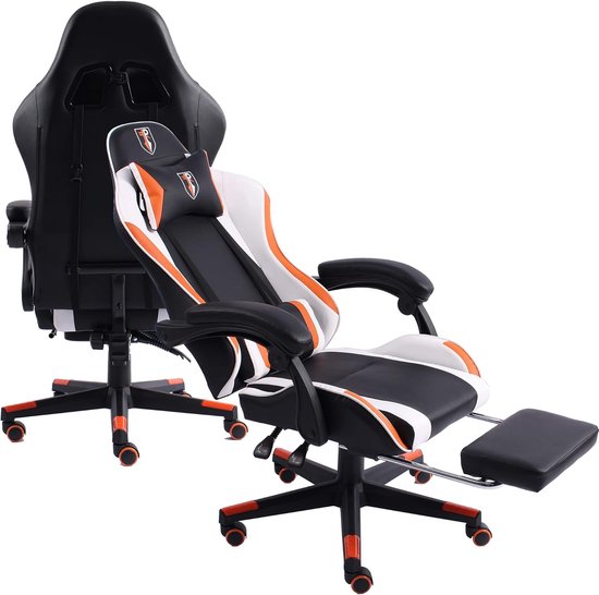 Gamingstoel in racingdesign met verstelbare armleuningen en voetensteun - zwart/wit-oranje — afbeelding 2