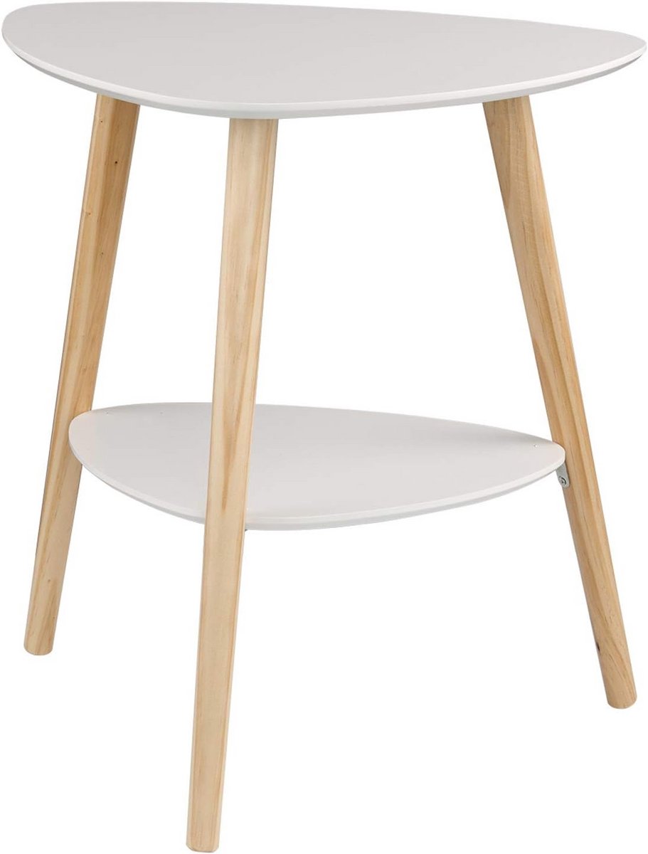 Driehoekige Bijzettafel met 2 Tafelbladen - Wit MDF met Houten Poten - Hoektafel voor Woonkamer