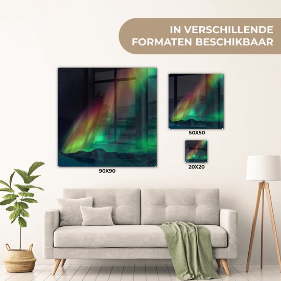 ® Glasschilderij 50x50 cm - Schilderij acrylglas - Regenboog - Aurora - Sterrenhemel - Foto op glas - Muurdecoratie woonkamer - Wanddecoratie slaapkamer - Schilderijen