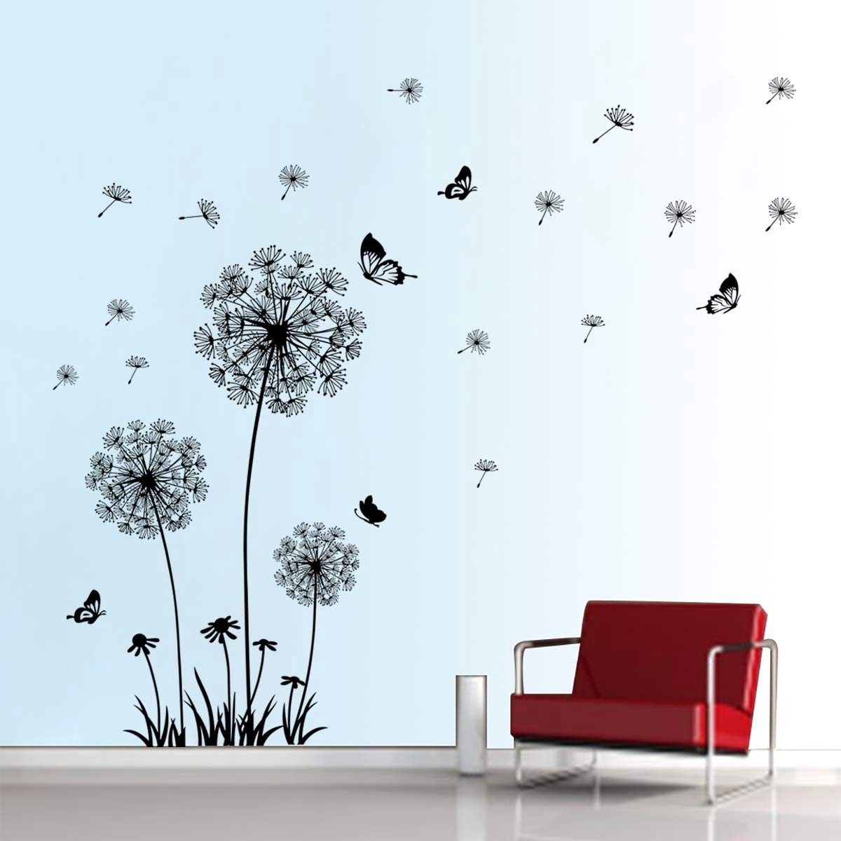 aladdien - Wandstickers - Dandelions - Decoratie voor slaapkamer en woonkamer - Zwarte bloemen en vlinders - Muurdecoratie voor thuis - Verwijderbaar