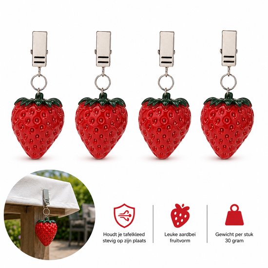 Poids de nappe Fraise – Lot de 4 pièces – Poids de nappe Fruit avec pince – Pour l'extérieur, le jardin, le camping et la terrasse – Polyrésine