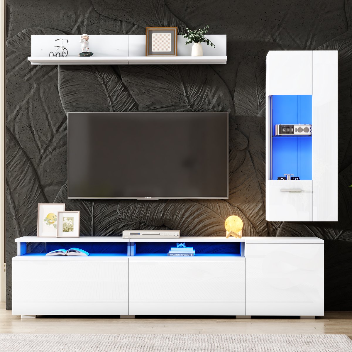 Tv-woonkamer wandcombinatieset - 3-delig - LED-verlichting - tv-meubel - woonkamer vitrinekast - wandrek - wit