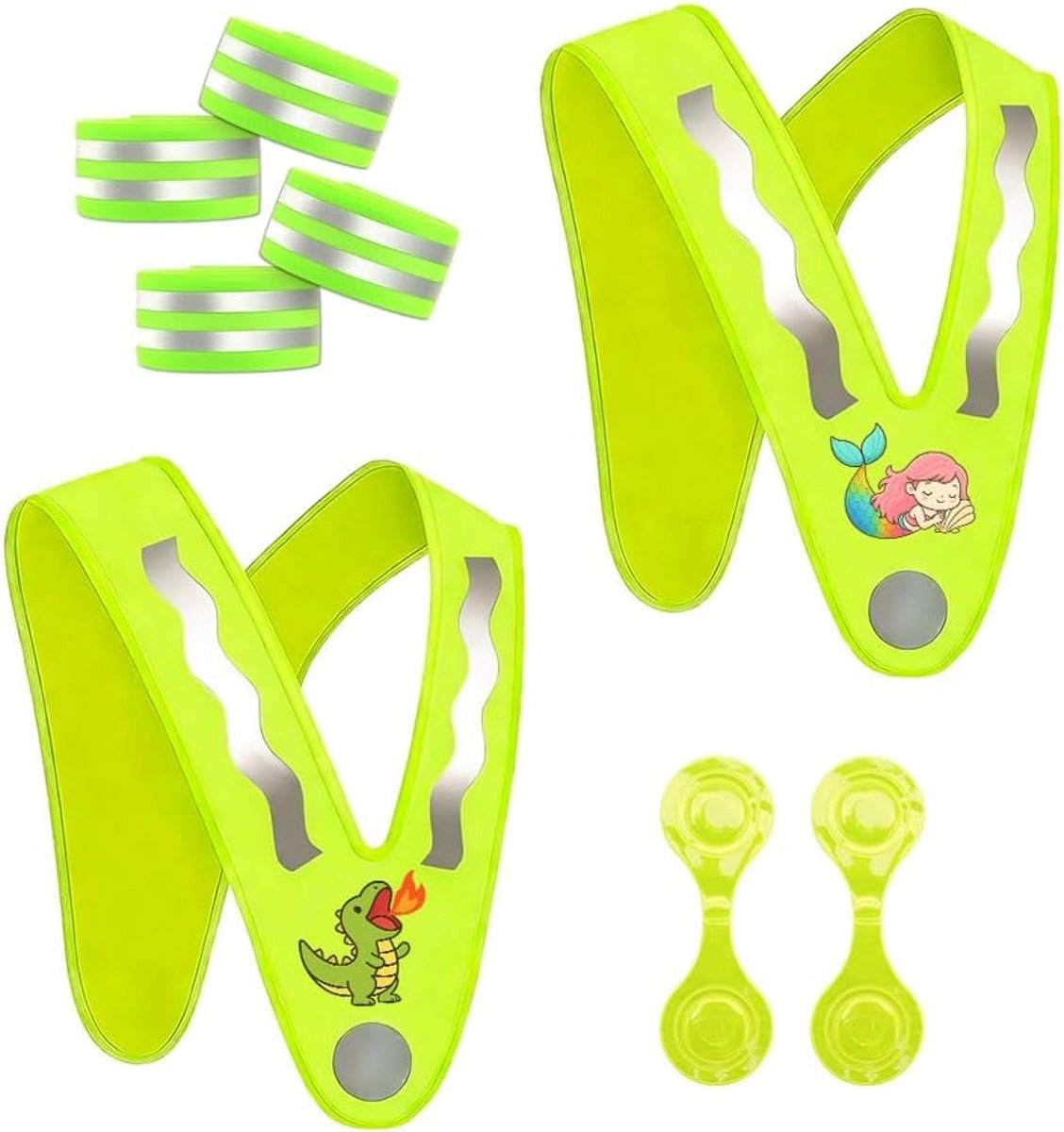 Reflecterende kinderchaleco met 4 armbanden en 2 magnetische clips, V-vormig ontwerp met zeemeermin en dinosaurus, perfect voor veilig buiten spelen in het donker