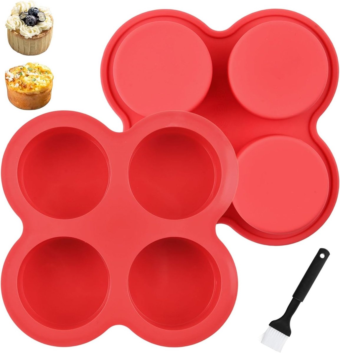Set van 2 Siliconen Muffinvormen met Bakkwast, Mini Cupcake Bakvormen, BPA-vrij, Antikleef, Geschikt voor Oven en Magnetron, Inclusief 4 Snijdelen
