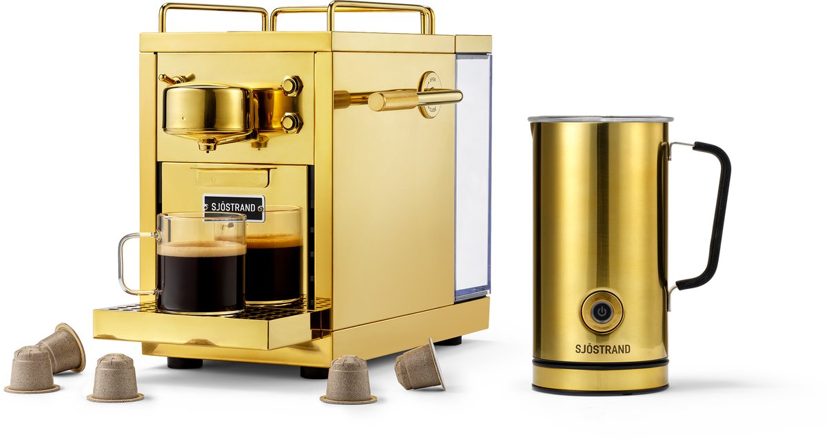 Sjöstrand Espresso Capsule Machine The Original 2.0 Brass + Melkopschuimer - Goud- Set