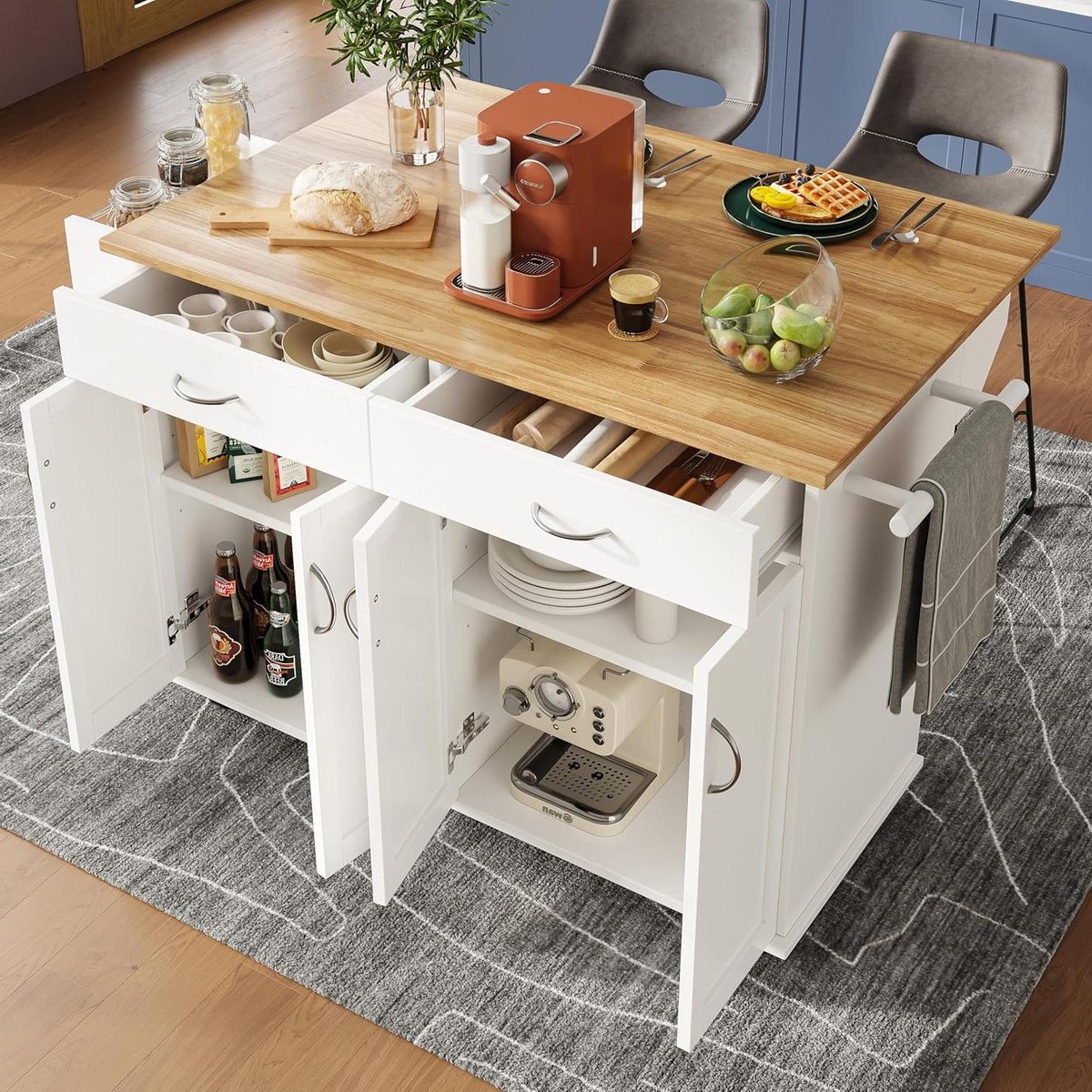 Keuken Eiland - Verrijdbaar Meubel - Extra Werkruimte - Inklapbaar Werkblad - 106 cm Breed - Wit