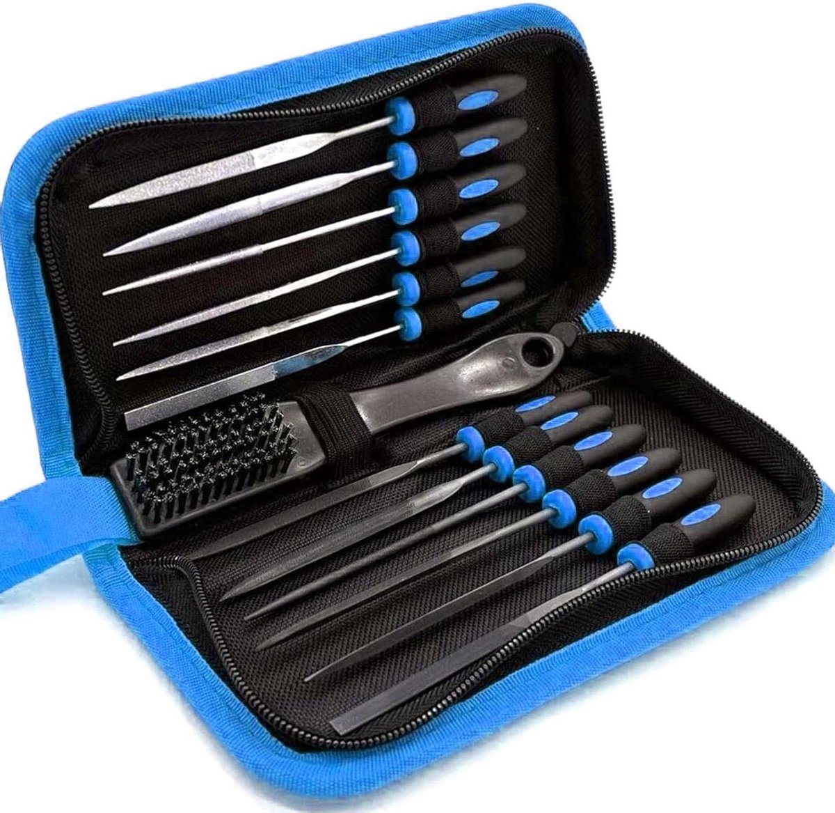 Metalen Vijl Set - Precisie Vijlen - Ingewikkeld Vakmanschap - Inclusief Borstel - 13 Delig - Blauw/Rood