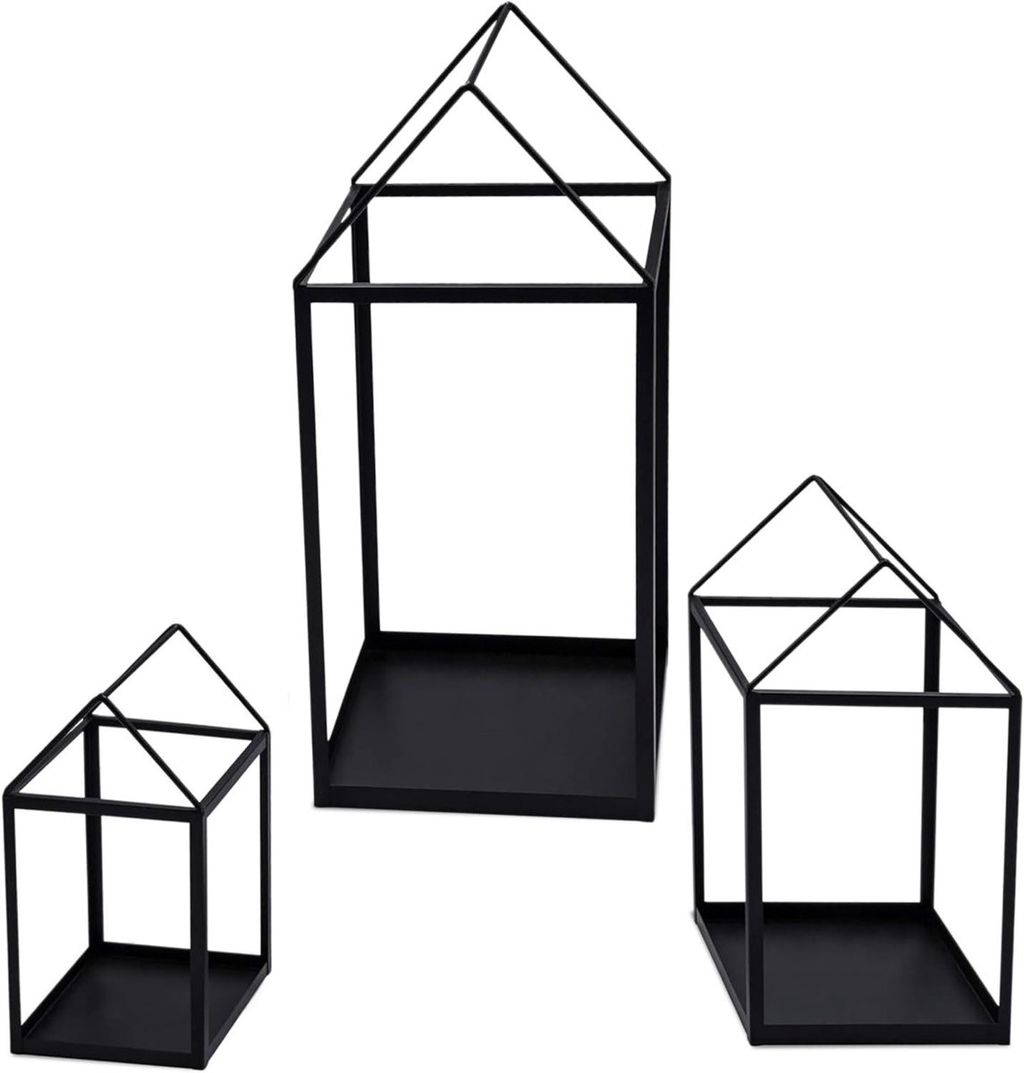 Metalen Lantaarns - Huisvorm Decoratie - Sfeervol Huis - Set van Drie - 45/33/23 cm - Zwart