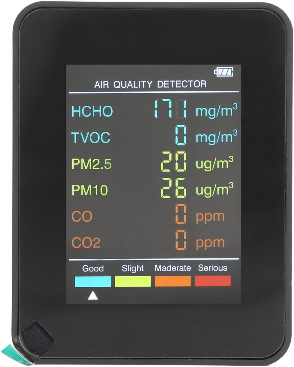 ONF3 - Luchtkwaliteitsmonitor - CO2 TVOC HCHO PM2.5 PM10 - LCD-scherm - Detecteert - Opladen Via USB - Binnenshuis - Zwart