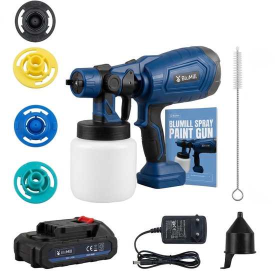 BluMill Verfspuit op Accu - Elektrisch Verfpistool 18V - 2000 mAh - 1000 ml Reservoir - 4 spuitmondmaten - voor Verf, Primer, Vernis, Olie en Beits