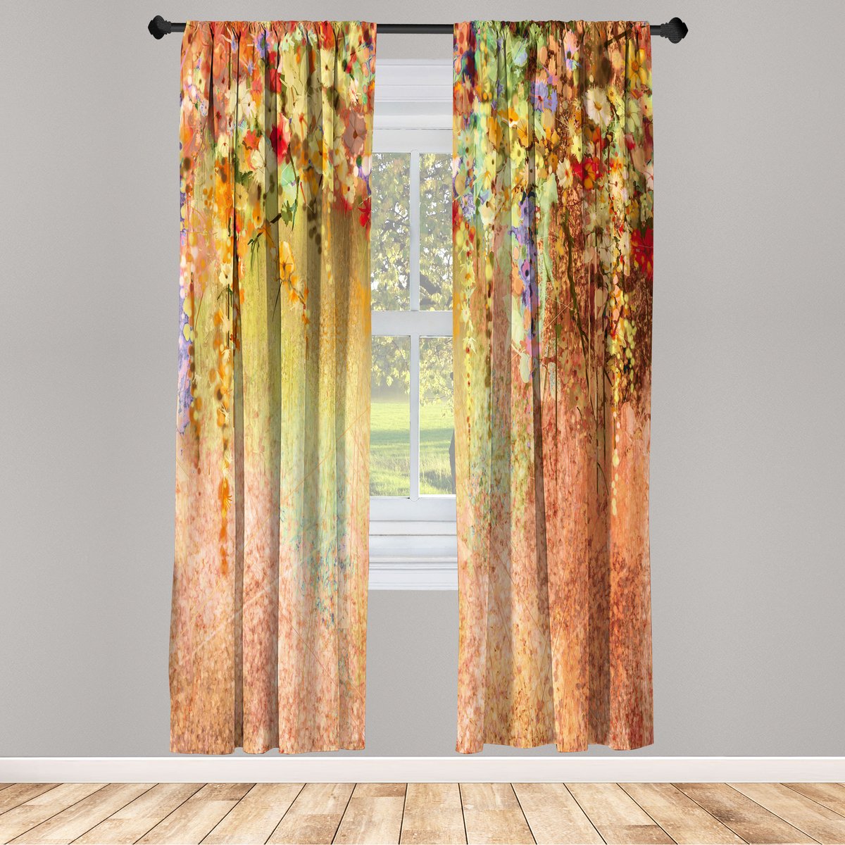ABAKUHAUS Bloemengordijnen, Abstracte Bloemblaadjes, Lichtgewicht Decor 2-delige set met tunnelzoom, 2 stuks 150 cm x 175 cm, Oranje