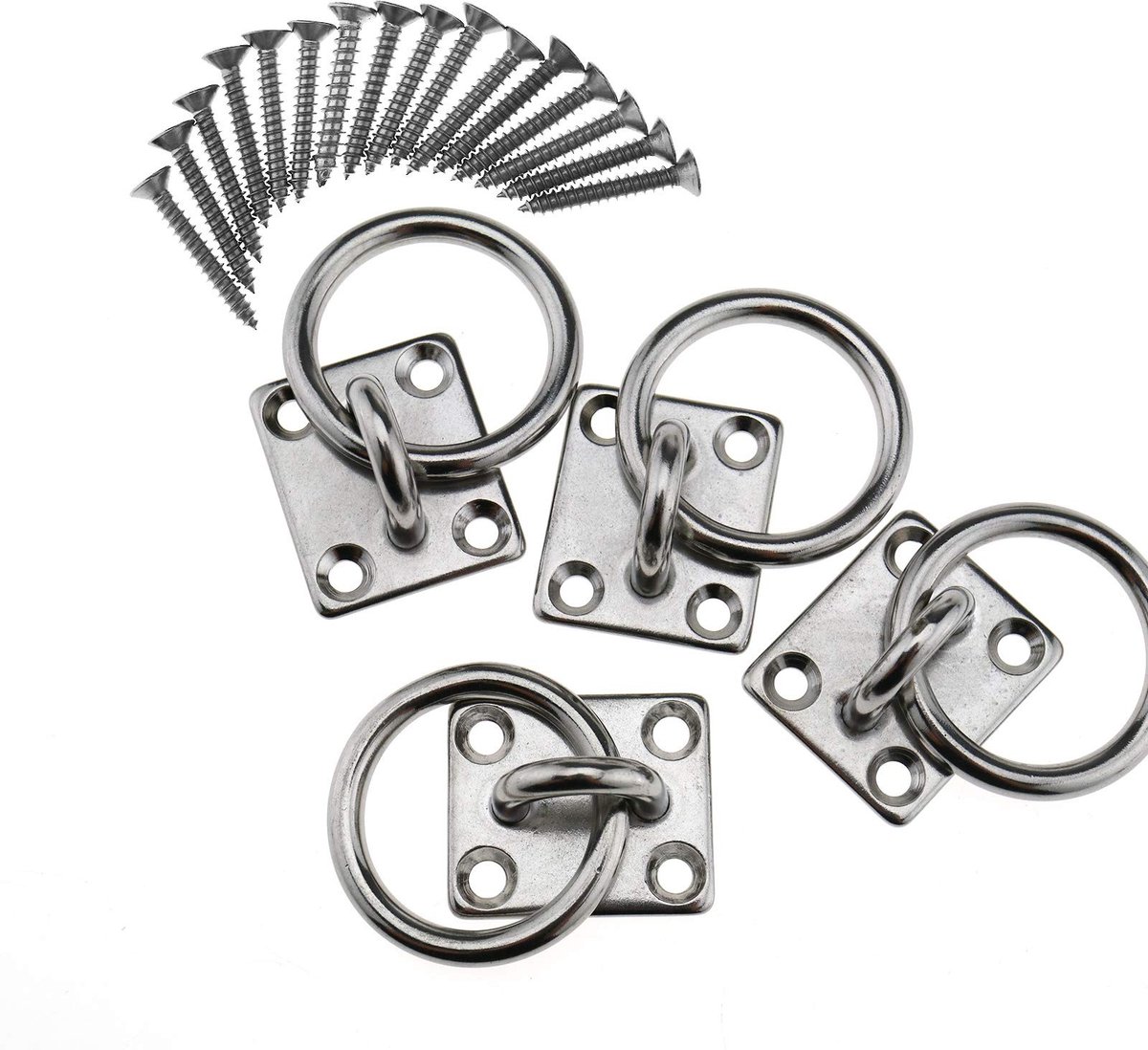 aladdien - 4 x 5mm Vierkante Oogplaten - Heavy Duty Oogplaten met Ring - Zilver - Geschikt voor Zeilboot en Kajak - Inclusief 4 Oogplaten