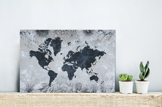 Décoration murale Métal - Peinture Aluminium - Wereldkaart - Fleurs - Vintage - 30x20 cm