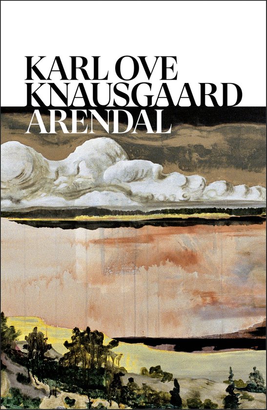 Boekomslag van 'Arendal' van Karl Ove Knausgård, met abstracte, geschilderde wolken en landschap.