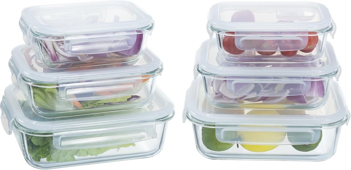 Navaris glass food containers set - 6x meal prep containers with lids - Freezer containers BPA free - Airtight food container - Storage containers in 3 sizes