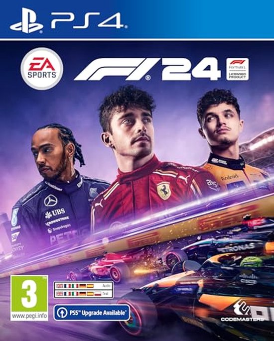 PlayStation 4 gamehoesje F1 24 met coureurs Lewis Hamilton, Charles Leclerc en Lando Norris.