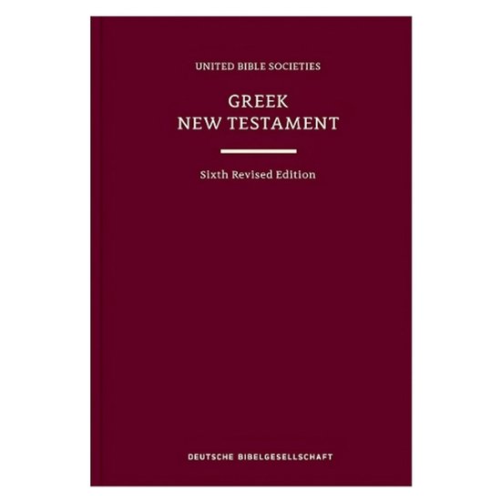 Bordeauxrode kaft van het "Greek New Testament Sixth Revised Edition" van United Bible Societies, Deutsche Bibelgesellschaft.