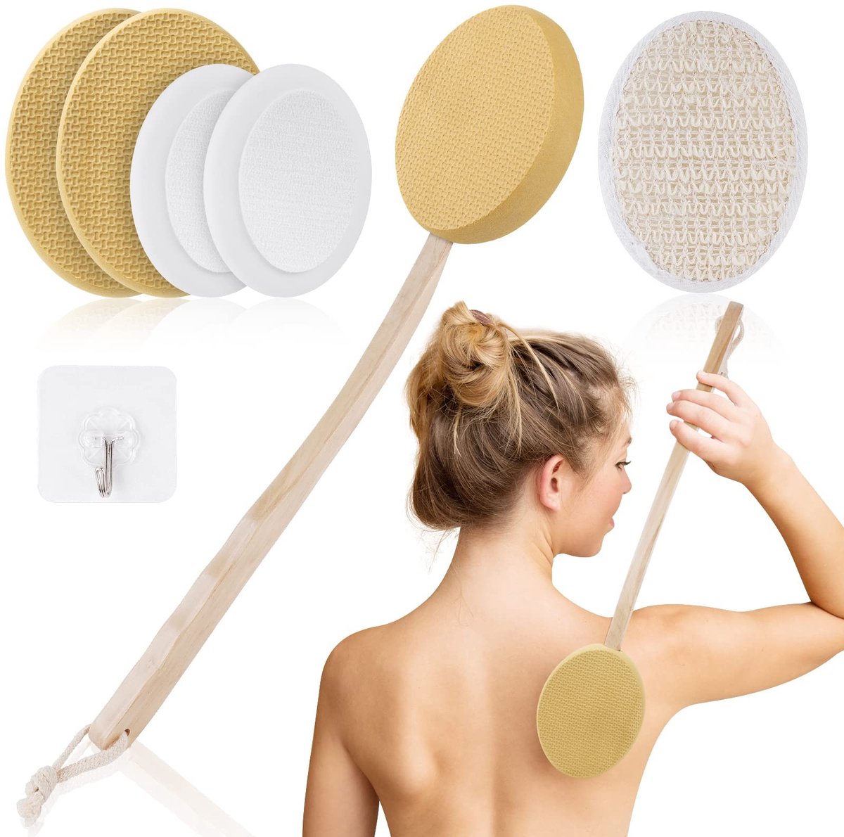 ONF3 - Rugcrème-Applicator - Lotion-Applicator - 7-Pack - Beige - Badborstel - Geschikt voor Zelftoepassing - Lange Houten Handgreep