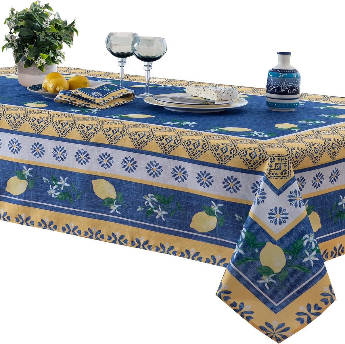 Tafelkleed - Keukentextiel - Buiten dineren - Waterafstotend - 152 x 305 cm - Blauw Citroen