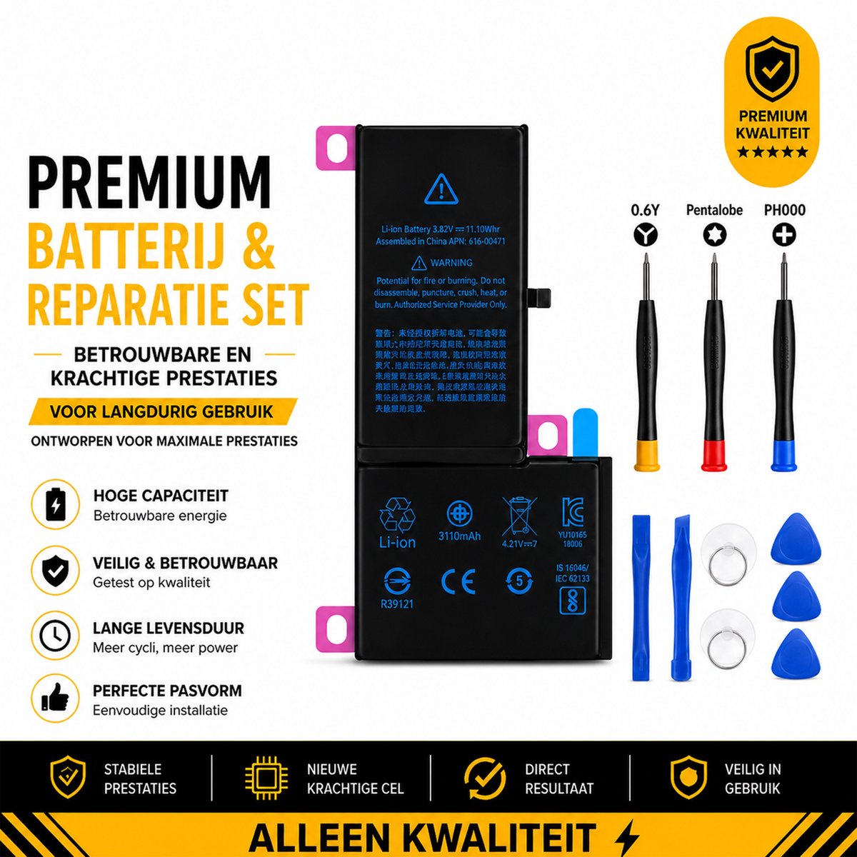 Compatible iPhone 13 Pro Max Batterij Vervangen A2643 – 4352 mAh – Inclusief Complete Gereedschap Set – Accu voor iPhone 13 Pro Max Reparatie Set