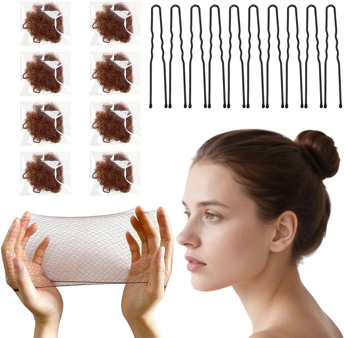 Onzichtbare Haarnetten voor Buns - 20 Stuks Elastische Mesh Haarnetten met U-Vormige Haarspelden voor Ballet en Hairstyling (Koffie)