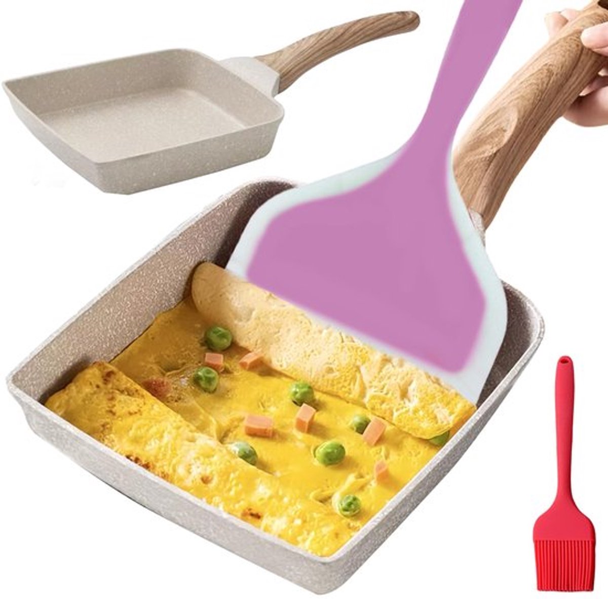 Tamagoyaki omeletpan, antiaanbaklaag, rechthoekige Japanse pan, antiaanbaklaag, geschikt voor alle kookplaten, oven en vaatwasser, 18 x 15 cm