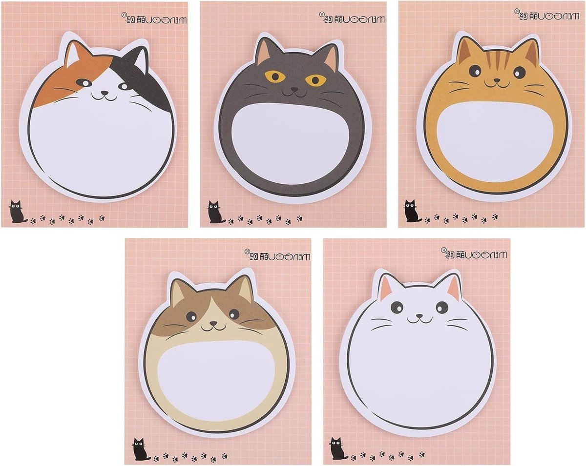 Schattige Kat Sticky Notes, 5 Pack Kawaii Dieren Zelfklevende Memo Pads voor Studenten, Thuis en Kantoor, Perfecte Geschenkideeën en Organisatiehulpmiddelen
