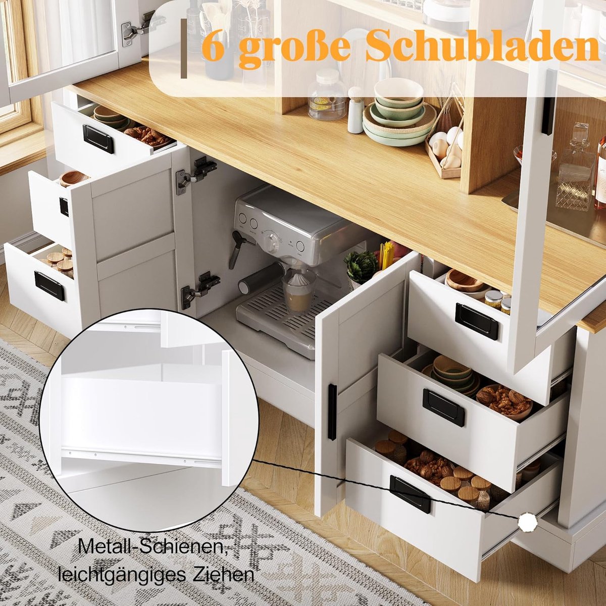 Hoge Keuken Opbergkast met 6 Lades en Glazen Deuren 140x40x185 cm – Kantelbeveiliging, Metalen Rails, Modern Design voor Keuken & Eetkamer