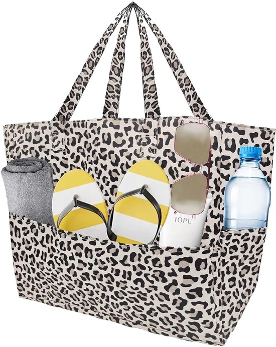 Grand sac de plage imprimé léopard avec poches extérieures organisées pour les essentiels de plage.