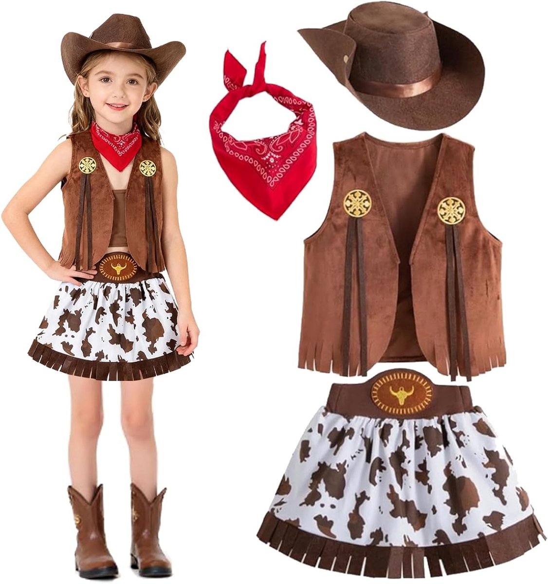 Cowboykostuum voor meisjes met bandana, vest en hoed - ideaal voor carnaval, themafeest en cosplay, kinderkledingaccessoires voor een westernlook