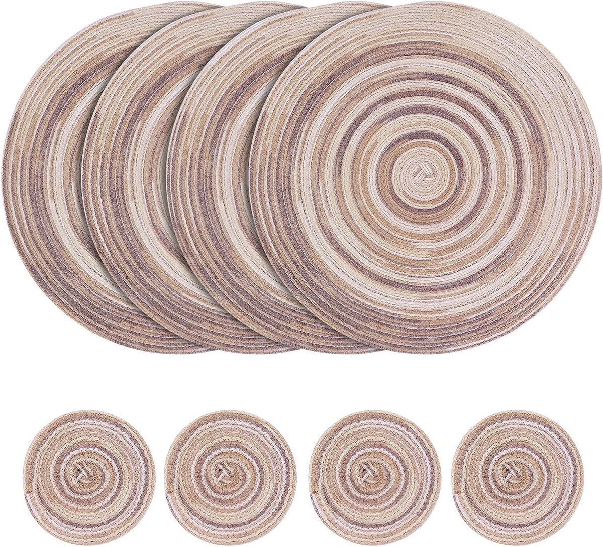 Ronde Woven Placemats van Katoen met Coasters, Warmtebestendige en Wasbare Placemat voor Keuken en Eettafel (Grijs)
