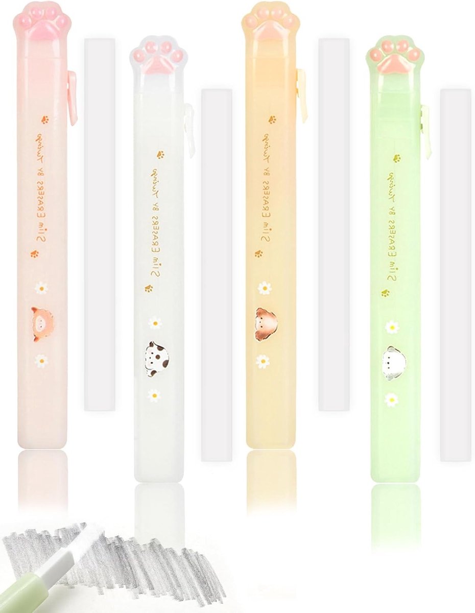 Set van 4 Inklapbare Kattenpoot Gum met Schattige Dierenhouders - Herbruikbare en Nauwkeurige Gummen voor Studenten, Kunstenaars en Kantoorbenodigdheden, Perfect als Kawaii Schoolcadeau