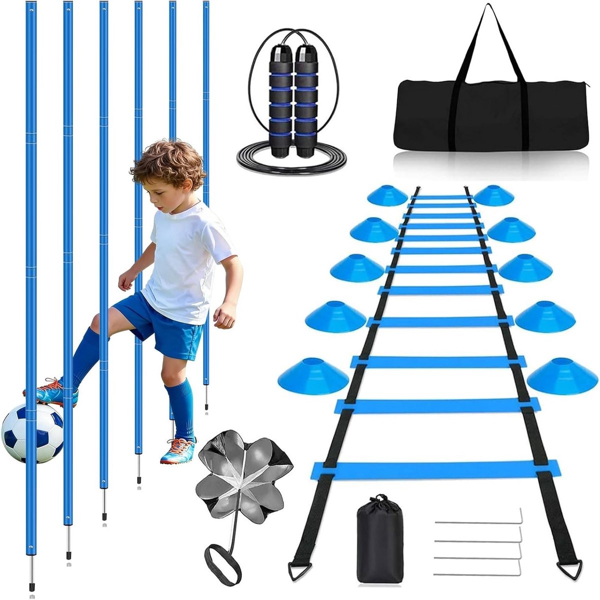 Voetbal trainingsset met slalomstangen, coördinatieladder, hoedjes en springtouw voor optimale coördinatietraining
