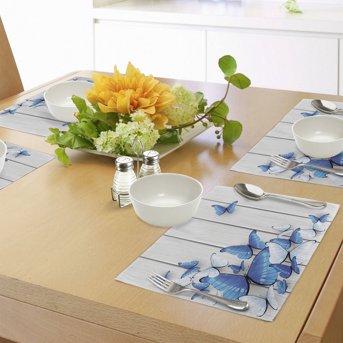 ABAKUHAUS Butterflies placemats, Tiscjdeco gemaakt van kleurbestendige stof voor de eetkamer en keuken, witblauw