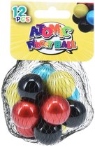 Pak met 12 "Atomic Fidget Ball" speelgoedballen in rood, zwart, geel en blauw.