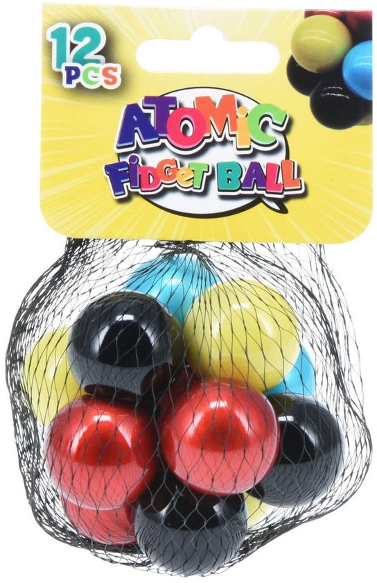 Pak met 12 "Atomic Fidget Ball" speelgoedballen in rood, zwart, geel en blauw.