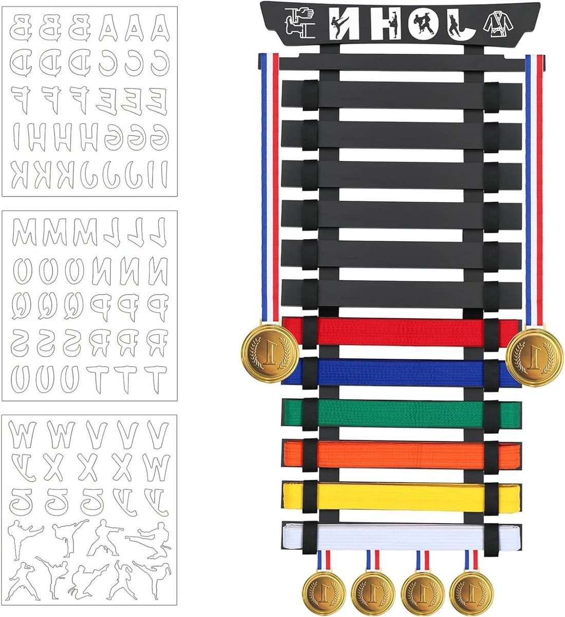 Karate en Taekwondo Goud, Zilver en Brons Medaille en Band Display Rek voor Kinderen en Volwassenen, Houten Organizer voor 12 Banden met Stickers