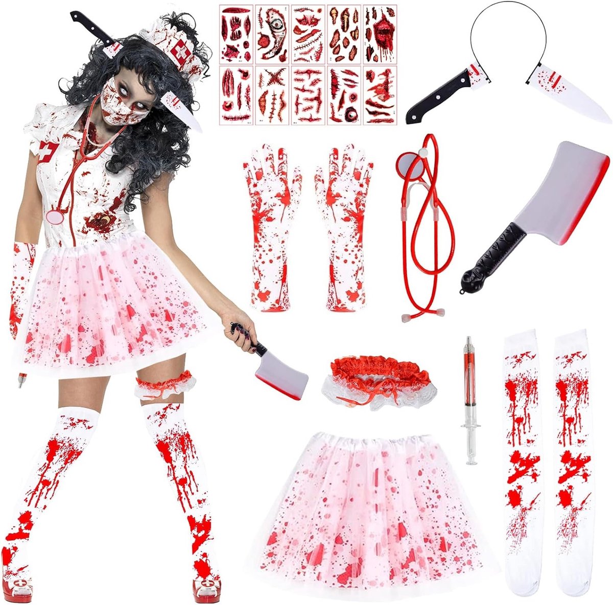 Halloween Zombie Verpleegster Kostuum voor Vrouwen met Bloed Tutu Rok en Carnavalsoutfit