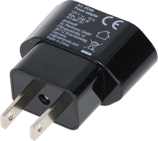 Zwarte Goobay reisadapter met tekst: 'Art. 45344 Power adapter 125 V ~, 10 A Max. 1250 W AO-897-81', CE-markering en huislogo.