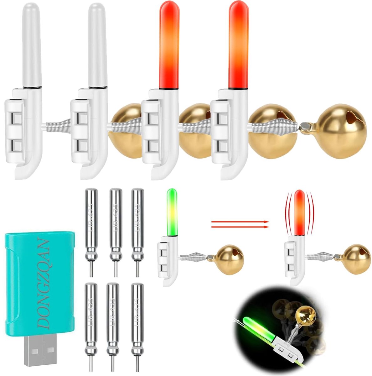 Allecto - Bite Alarm Set - Nachtvissen - Verbeterde configuratie - Rood en flitslicht - Visalarm met batterijen - Geschikt voor volwassenen - Inclu..