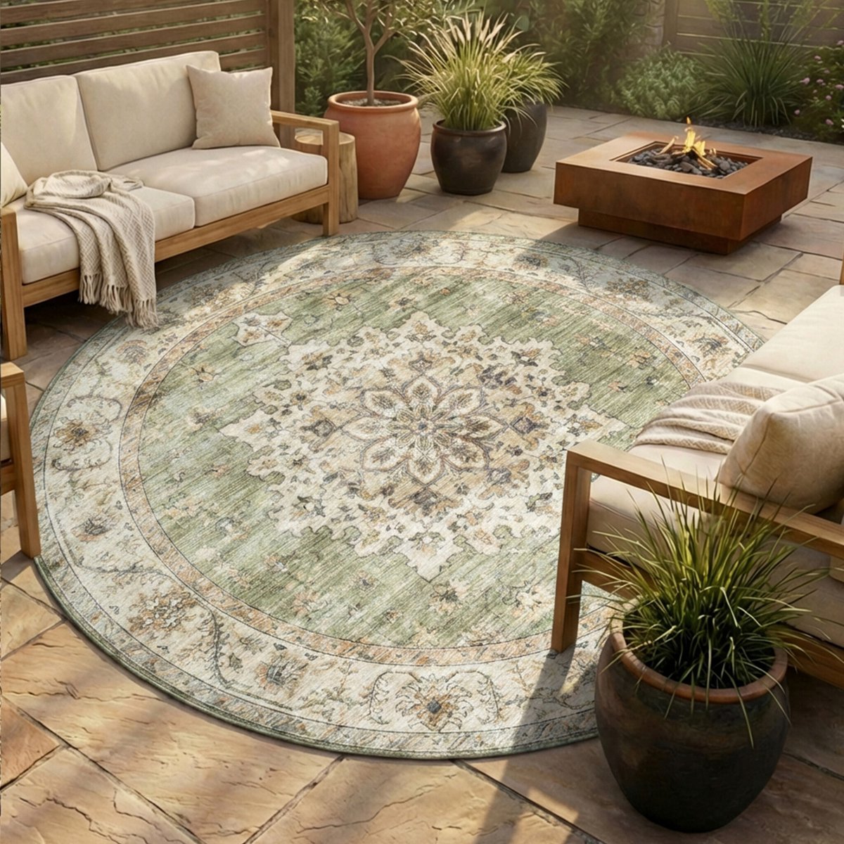 Fraai Rond vintage buitenkleed - Santo Medaillon Groen - Ø 100cm