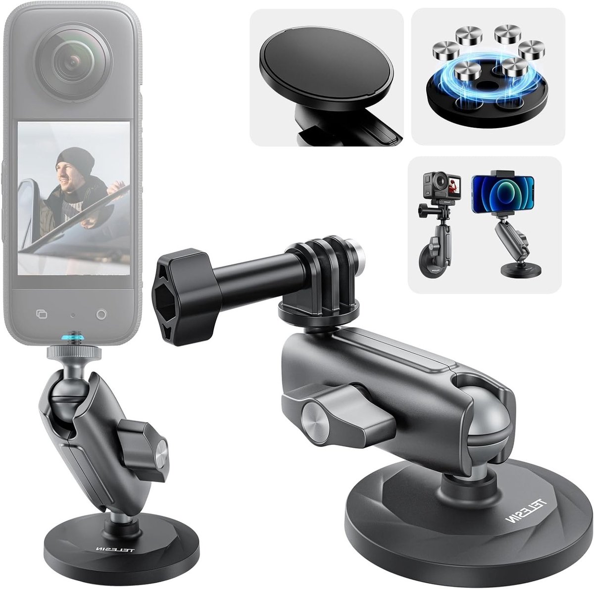 Magnetische Houder voor Actiecamera's met 360° Rotatie, Geschikt voor GoPro en DJI Osmo Action, Sterke Bevestiging voor Auto en Avontuurlijke Activiteiten