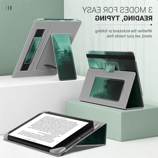 Universele Hoes voor 6.8 en 7 Inch eReaders en Tablets, Geschikt voor Kindle Paperwhite, Kobo Libra en Boox, Lichtgewicht Folio Beschermhoes met Handriem en Kickstand, Groene Bosprint van Merkloos — afbeelding 5