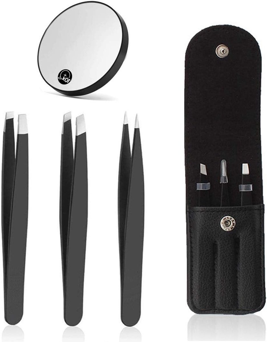 3Pcs Eyebrow Tweezers & 10x Magnification Mirror Set - Professionele RVS Precisie Pincet voor Wenkbrauwen - Ingegroeide Haren - Gezichtshaar Verwijderaar - Schoonheidstool voor Vrouwen en Mannen