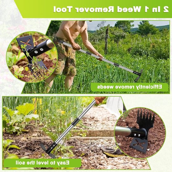 Ergonomische Onkruidverwijderaar met 148 cm Lange Handgreep, 2-in-1 Tuinhark en Tuinhouweel, Stevige Tuinwerkzaamheden, Onkruid Uittrekken en Verwijderen — afbeelding 4