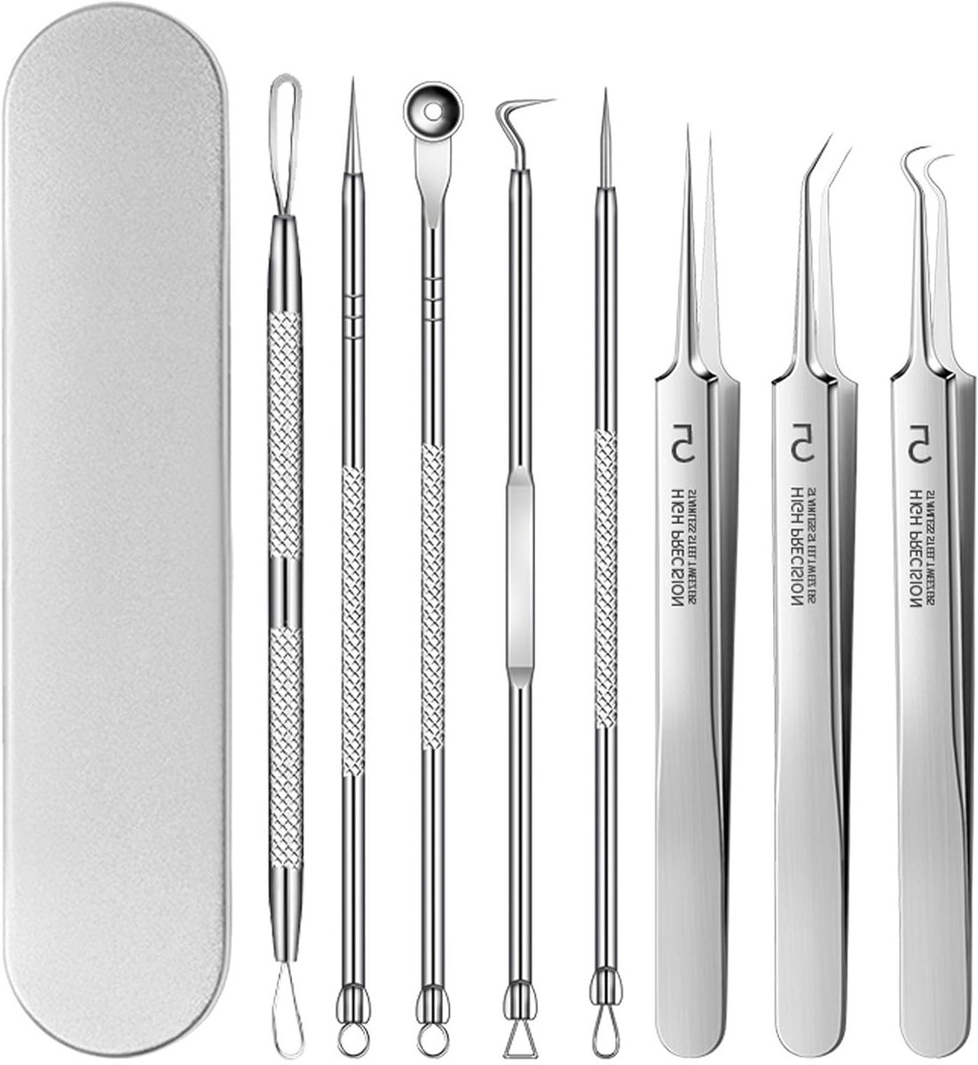 Effectieve Comedon Verwijderaar Set van 8 Stukken - RVS Pincetten voor Acne, Puistjes en Neusverzorging