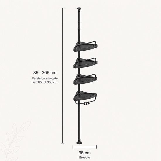 Zwart telescopisch doucherek met vier hoekplanken en afmetingen 85-305 cm hoogte en 35 cm breedte.