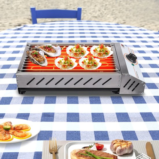 Velmio Elektrische BBQ - Camping Barbecue - 2,5 kW - 50°C-300°C - Contactgrill - Roestvrij staal - Voor Binnen en Buiten - 42×22cm - Zilver van Merkloos — afbeelding 3