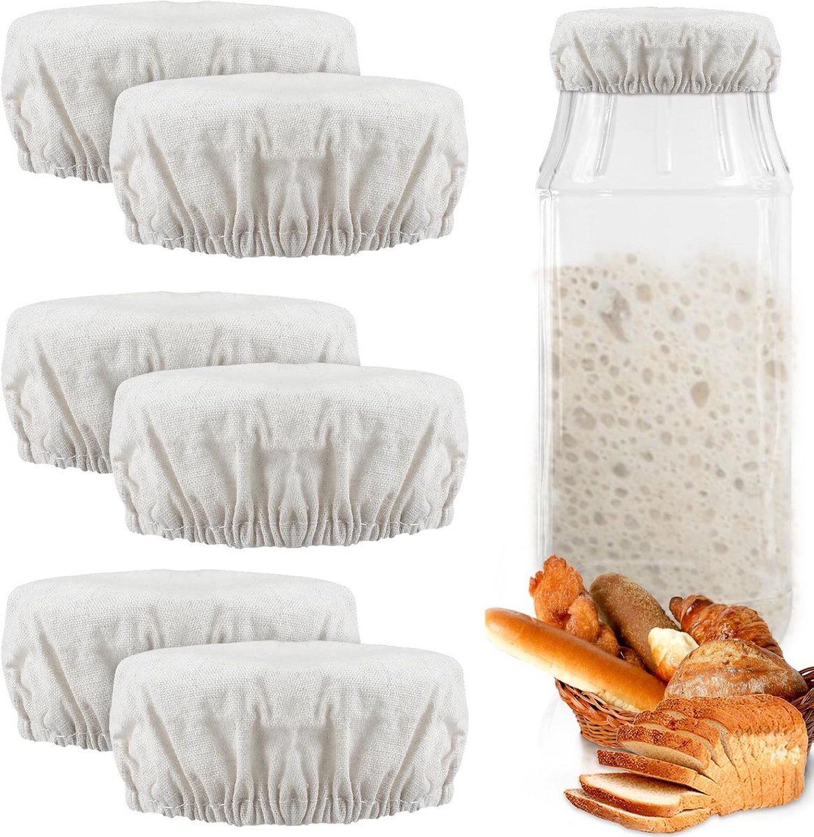 Gistingsdeksels Set - Fermentatie Covers - Zuurdesem Bakken - Ademend Katoen - 6 Stuks - Gebroken Wit
